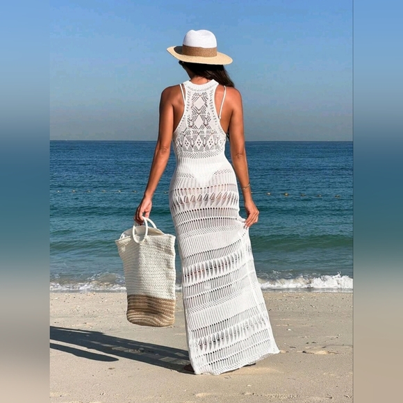 New Boho Crochet Knit Maxi Split Cover Up Dress White - Picture 5 of 8